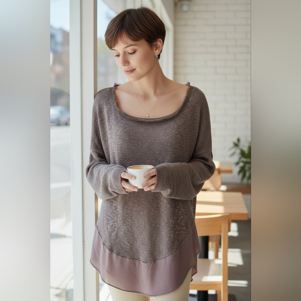 Anthropologie Deletta Taupe Knit Scoop Neck Sweater Boho Distressed